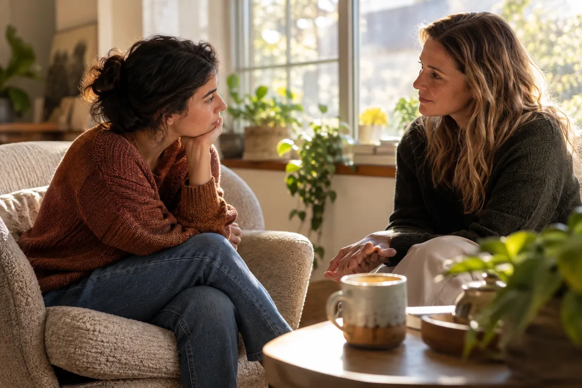 Two women share a supportive conversation beside a sunlit window.