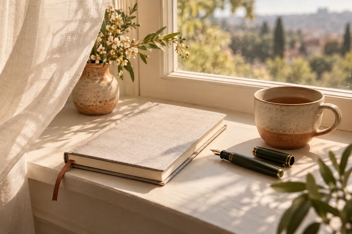 A closed linen notebook beside an uncapped fountain pen and untouched tea on a windowsill, curtain moving softly in warm daylight, quiet space inviting emotional expression, no visible text