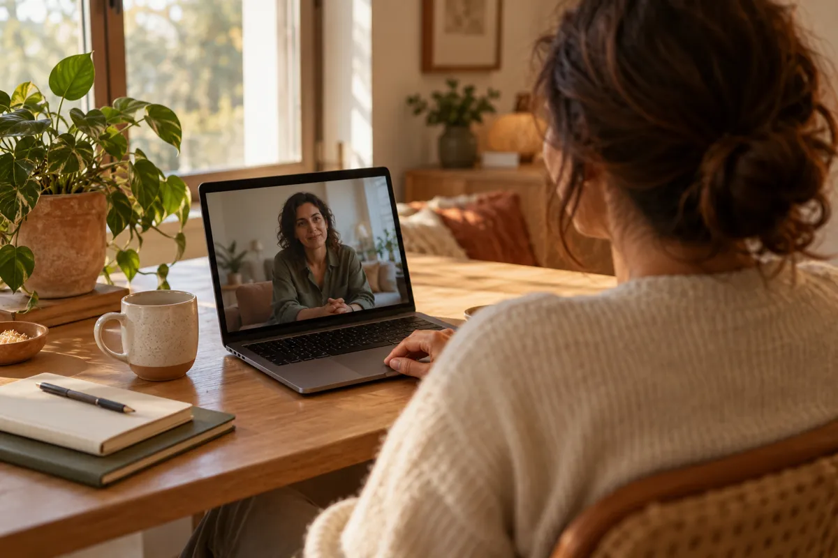 An adult's hands using a laptop for a remote therapy session, screen displaying an indistinct small human video silhouette with no text, warm home desk, ceramic cup and leafy plant, view over shoulder