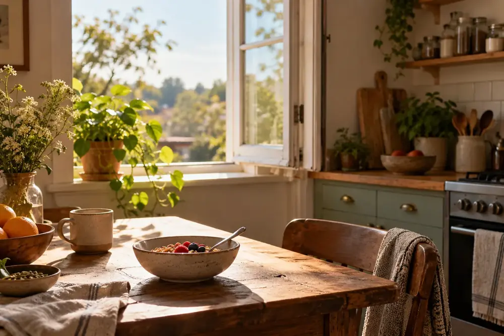 Morning sunlight fills a kitchen with breakfast and green plants.
