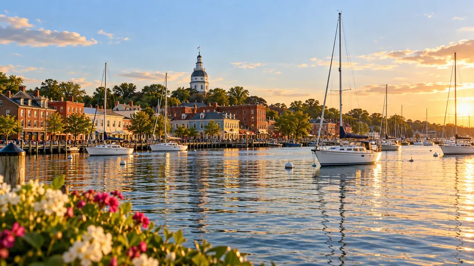 A warm editorial scene inspired by Annapolis harbor, Maryland